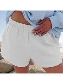 Women Athletic Shorts Loose Fit Solid Color Drawstring Sweatshorts For Yoga Running - 灰色 - 查看 5