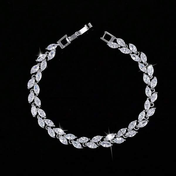 SEQUITO 1 pièce Bracelet chaîne en forme de feuille en argent plaqué avec micro-pavé de zirconias cubiques AAAAA de coupe marquise, bijou délicat pour femme, pour usage quotidien ou soirée