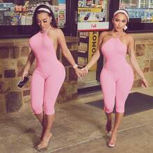 Women's Colorful Floral Print Curved Neck Strap With Large Backless Seven Part Pants Jumpsuit - Pink - View 4