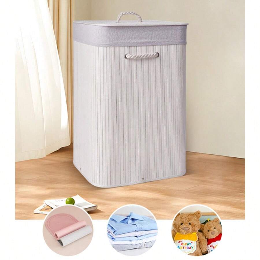 1 Laundry Basket - Natural Bamboo Storage Basket With Large Capacity | Dustproof With Lid | Household Storage Aid - Simple - Bamboo - With Lid - Square Or Round - Foldable Wicker Basket - 70 Liters - Foldable - Yellow/White - 白色 - 查看 1