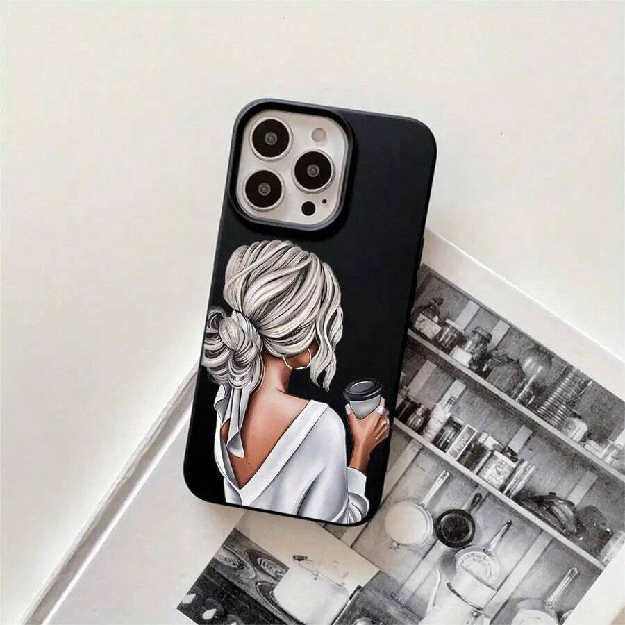 Funda protectora para phone con diseño de una chica sosteniendo una taza de café, con orificios grandes. Compatible con phone 16 Pro Max, 16, 15 Pro, 14, 14 Plus/14 Pro Max, 13, 13 Pro, 12 Pro, 11/11 Pro. Regalos para cumpleaños y festividades - Negro - Ver 1