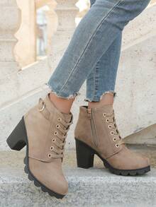 Elegant Rhinestone Decorated Women's Fashion Boots, Front Lace-Up, Side Zipper, Chunky Heel - Khaki - View 4