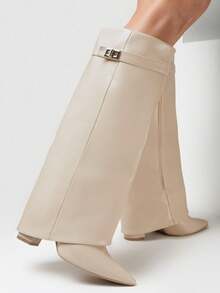 Fashionable & Versatile Wide Shaft Pointed Toe High Heel Boots - Beige - View 2