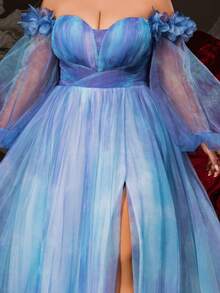 VIPGIRL Elegant Gradient Blue Purple Off Shoulder Plus Size Long Prom Dress For Women With Puffy Sleeves And High Slit, Tulle Evening Gown, Wedding Guest Dress, Glamorous Ball Gown, Fairy Style Formal Dress, Party Dress - Blue - View 8