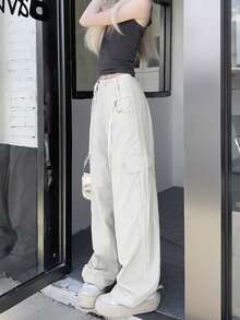 女士纯色高腰直筒宽松抽绳休闲裤，适合春夏秋季 - 淺灰色 - 查看 4