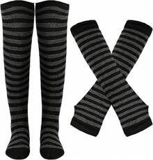 Tongcloud Women's Striped Knee High Socks, Over Knee Thigh High Socks, Arm Warmer And Fingerless Gloves SetHalloween Christmas New Year - 黑色和灰色 - 查看 1