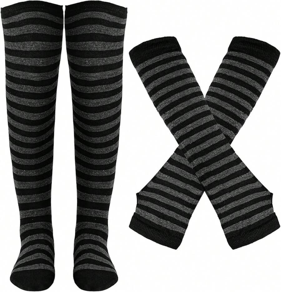 Tongcloud Women's Striped Knee High Socks, Over Knee Thigh High Socks, Arm Warmer And Fingerless Gloves SetHalloween Christmas New Year - 黑色和灰色 - 查看 1
