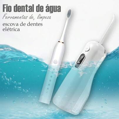Combo Escova Elétrica 6 Modos + Irrigador Oral 230ml | Clareia Dentes, Protege Gengivas | Saúde Bucal Completa | Frete Grátis