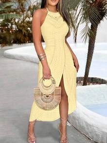 ChicMe 女士镂空褶裥前开衩露背系带连衣裙，无袖A字纯色性感优雅连体裤，适合度假和晚宴 - 黃色 - 查看 2
