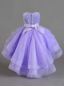 Váy bồng bềnh đuôi tôm không tay cổ tròn đính nơ sequin cho bé gái, thanh lịch cho đám cưới và tiệc tùng, không bao gồm băng đô - Màu tím hoa cà - Xem 3