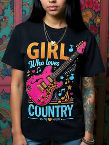 Girls Country Guitar Print Black Cotton Crew Neck Short Sleeve 180g T-Shirt Music Lover Gift Retro Style Rock And Roll Fashion Statement Tee  Y2K Aesthetic Classic Design Perfect For Concerts - Black - View 2