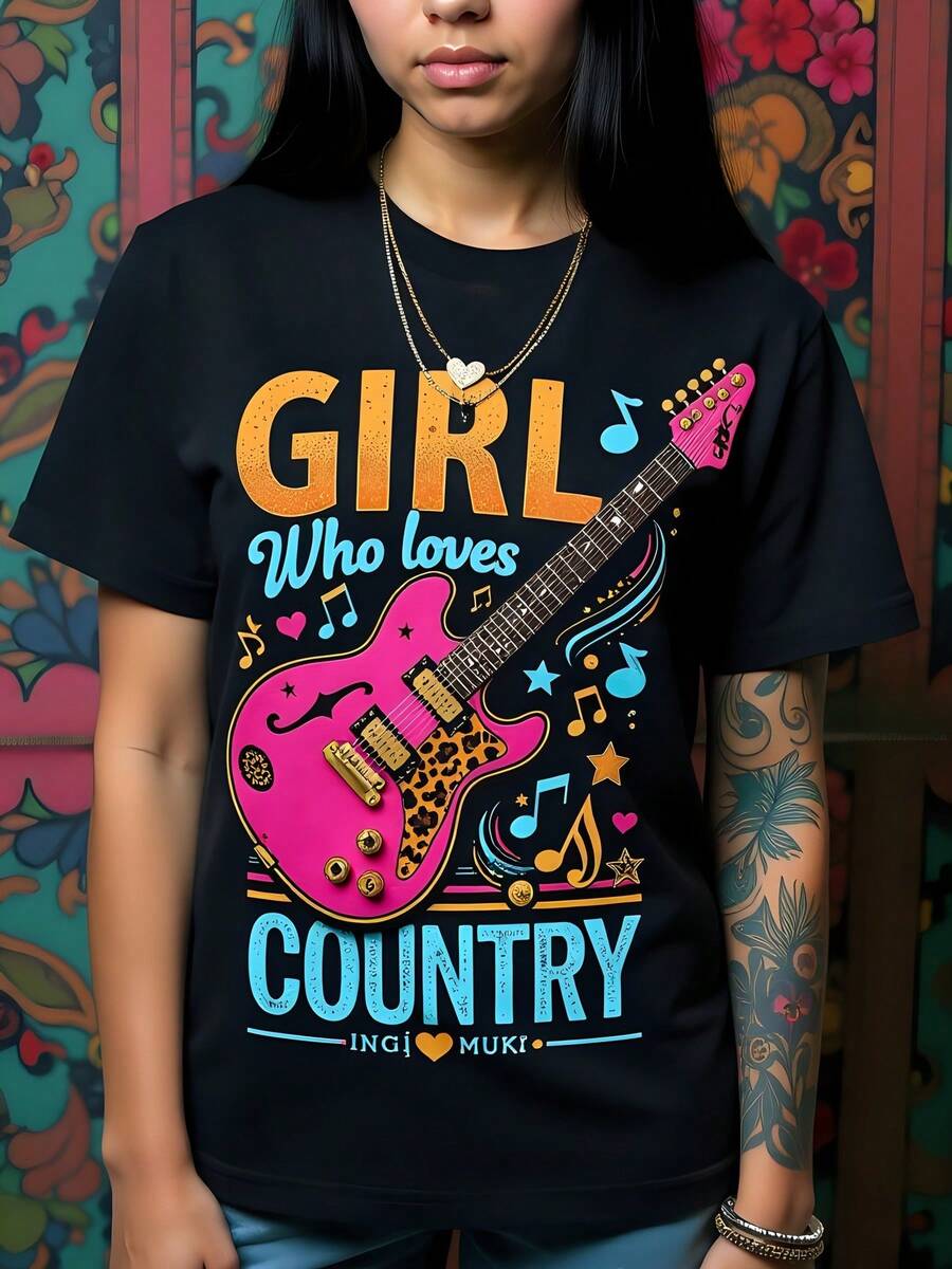 Girls Country Guitar Print Black Cotton Crew Neck Short Sleeve 180g T-Shirt Music Lover Gift Retro Style Rock And Roll Fashion Statement Tee  Y2K Aesthetic Classic Design Perfect For Concerts