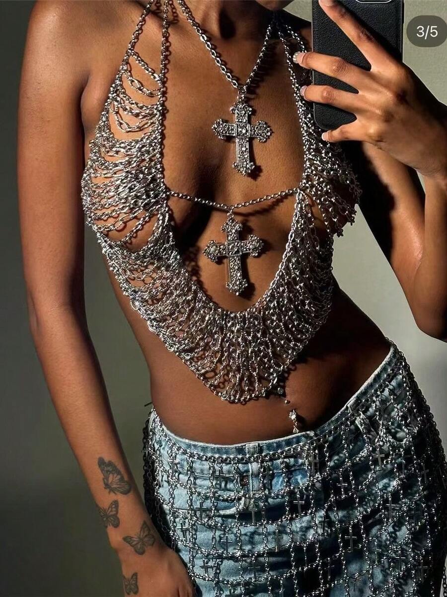 Glossmoon New Women's Nightclub Sexy Metal Tassel Chest Chain Rhinestone Cross Strap Bra Body Chain Fashion Jewelry Chain Beachwear - Bạc - Xem 1