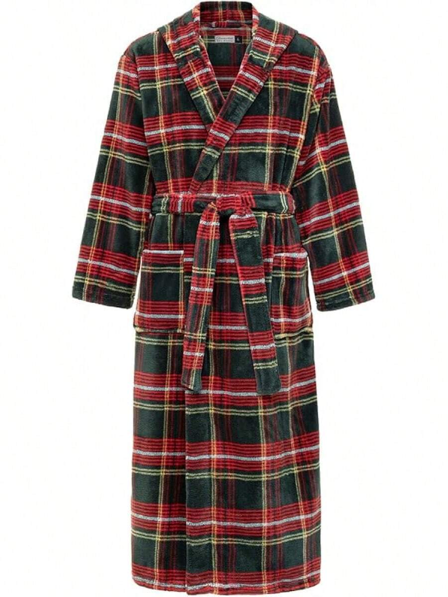 Mens Robe With Hood, Plush Fleece Hooded Mens Bathrobe, Big And Tall Bath Robe For Menhalloween - Forest Tartan Plaid - View 1