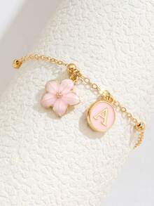 1pc Fashionable Floral & Letter Beaded Bracelet, Customizable Name, Suitable For Children, Beach, Daily Wear - Pink - View 3