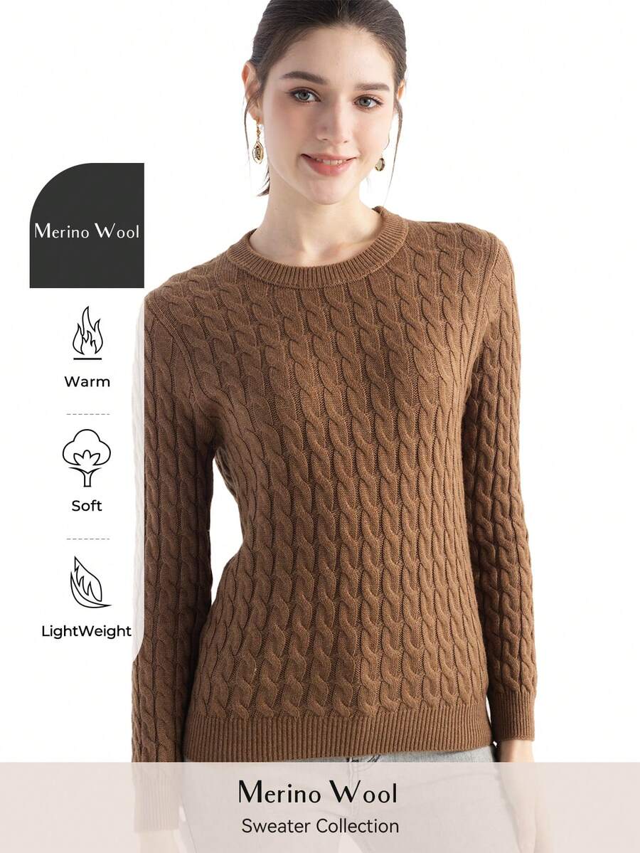 女式美利奴羊毛毛衣 2025 秋冬经典麻花圆领长袖保暖柔软针织套头衫