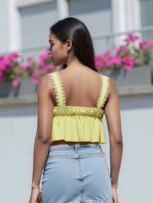 Camisola para mujer, top sin mangas con espalda descubierta, plisado, liso, con lazo, chaleco de verano para fiesta y club. - Amarillo - Ver 5