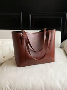 Large Capacity Black Tote Bag For Women, Minimalist PU Leather Shoulder Handbag With Buckle Closure, Fashion Commuter Work Bag Suitable For Office, School, Shopping, Daily Use - Brown - View 7
