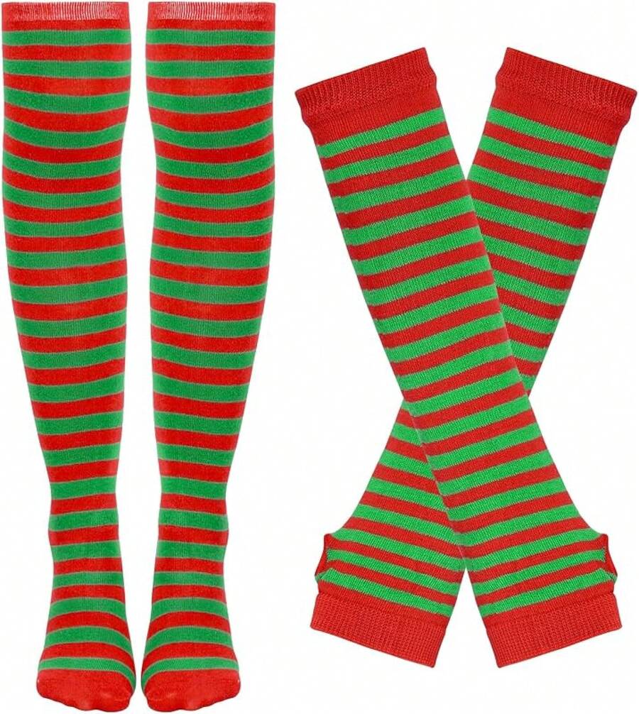 Tongcloud Women's Striped Knee High Socks, Over Knee Thigh High Socks, Arm Warmer And Fingerless Gloves SetHalloween Christmas New Year - 綠色和紅色 - 查看 1