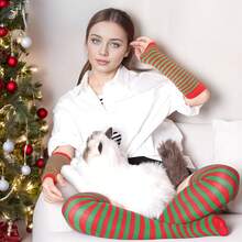 Tongcloud Women's Striped Knee High Socks, Over Knee Thigh High Socks, Arm Warmer And Fingerless Gloves SetHalloween Christmas New Year - 綠色和紅色 - 查看 5
