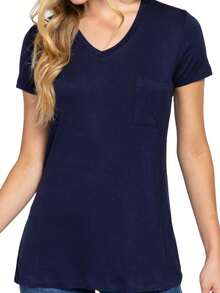 Short Sleeve V Neck Relaxed Fit Top With Chest Pocket 2 Pack - Navy-Navy - View 2