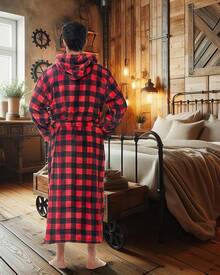 Mens Robe With Hood, Plush Fleece Hooded Mens Bathrobe, Big And Tall Bath Robe For Menhalloween - 紅黑水牛格紋 - 查看 9