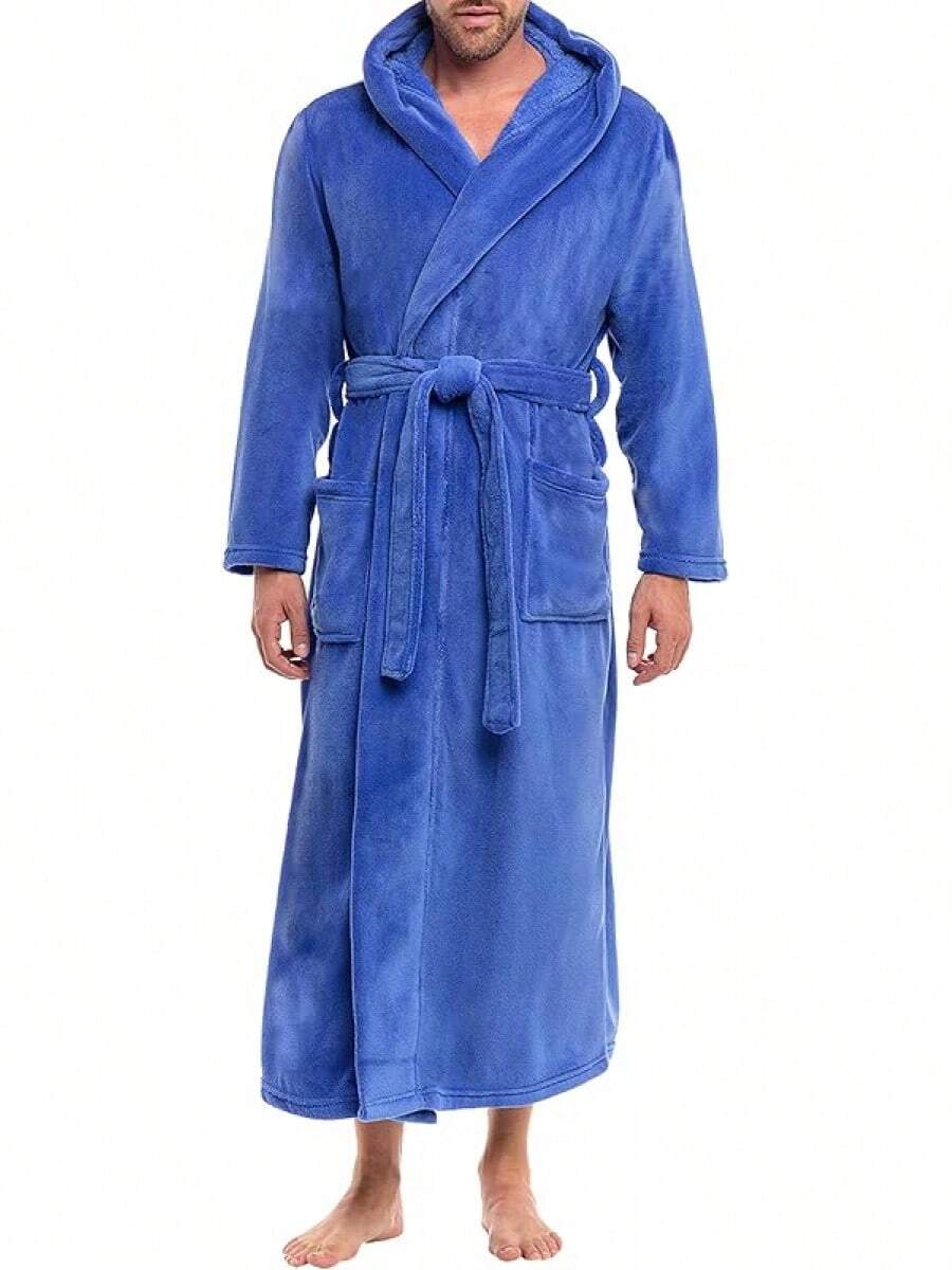 Mens Robe With Hood, Plush Fleece Hooded Mens Bathrobe, Big And Tall Bath Robe For Menhalloween - Sky Blue - View 1