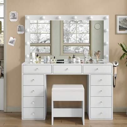  FUSOU Vanity Desk With Power Outlet – White Makeup Vanity With Mirror & 12 LED Lights, 3 Lighting Modes, 11 Drawers, Glass Top, Chair Included – Dressing Table For Bedroom Or Dressing Room