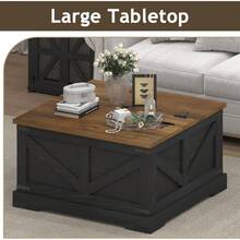 Farmhouse Coffee Table With Hidden Storage Compartment, Square Coffee Table For Living Room, Wood Center Table With Hinged Lifting Tabletop For Home, Black/ White/ Blue - Black - View 5