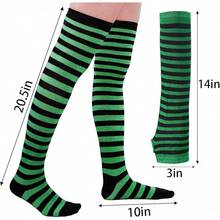 Tongcloud Women's Striped Knee High Socks, Over Knee Thigh High Socks, Arm Warmer And Fingerless Gloves SetHalloween Christmas New Year - 黑色和綠色 - 查看 2