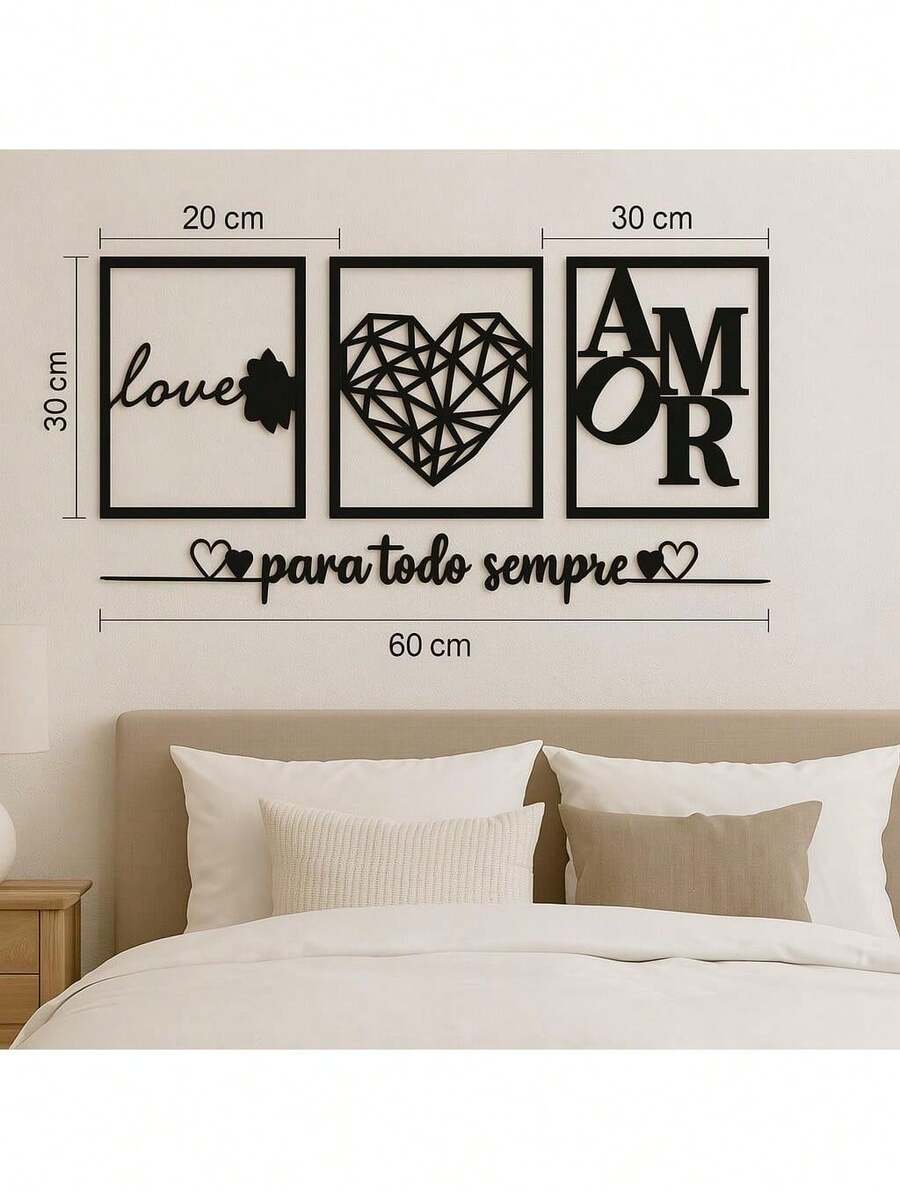 KIT 3 Frames Forever, Love And Geometric Heart Love, Heart Religious Wall Phrase MDF - màu đen - Xem 1