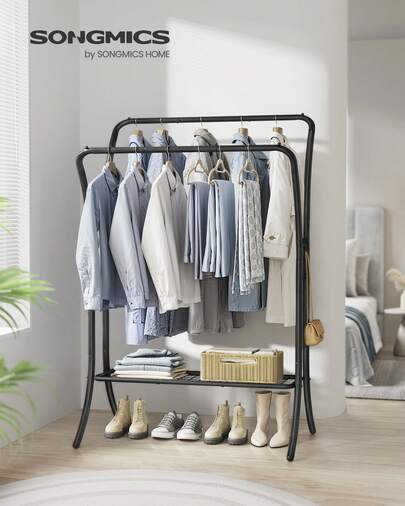 SONGMICS Clothes Rack, Clothing Rack With Shelves, Garment Racks Heavy Duty, Double Rod Clothes Rack With 6 Hooks, Clothes Storage And Display, For Living Room, Bedroom
