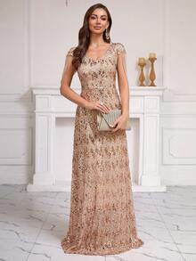 Ladies Sequined Sparkling V-Neck Collar Hand-Threaded Beaded Tassel Slim Fit Waist Long Swing Formal Dinner Party Cocktail Dress