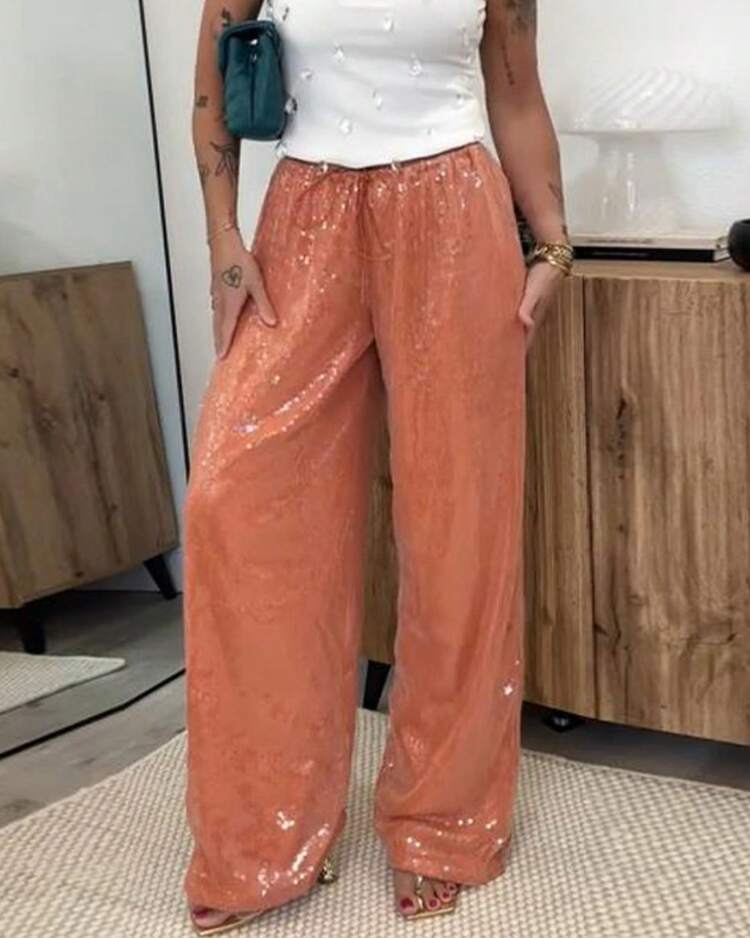 Womens Sparkle Sequin Pants Lightweight Elastic Waist Wide Leg Loose Pants Trousers - trái cam - Xem 1