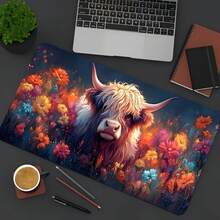 1pc Highland Cow Desk Mat, Colorful Floral Gaming Desk Pad Non-Slip Rubber Base Mouse Pad Keyboard Mat, Suitable For Home Office - Multicolor - View 8