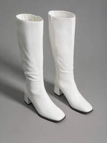 Women's Square Toe Knee-High Boots Block Chunky Heels And Zip Closure Festival Party Gogo Boots For Fall And Winter - 白色 - 查看 1