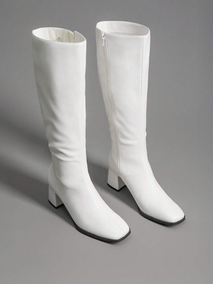 Women's Square Toe Knee-High Boots Block Chunky Heels And Zip Closure Festival Party Gogo Boots For Fall And Winter - 白色 - 查看 1