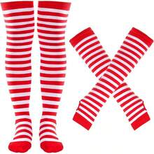 Tongcloud Women's Striped Knee High Socks, Over Knee Thigh High Socks, Arm Warmer And Fingerless Gloves SetHalloween Christmas New Year - 紅白色 - 查看 1