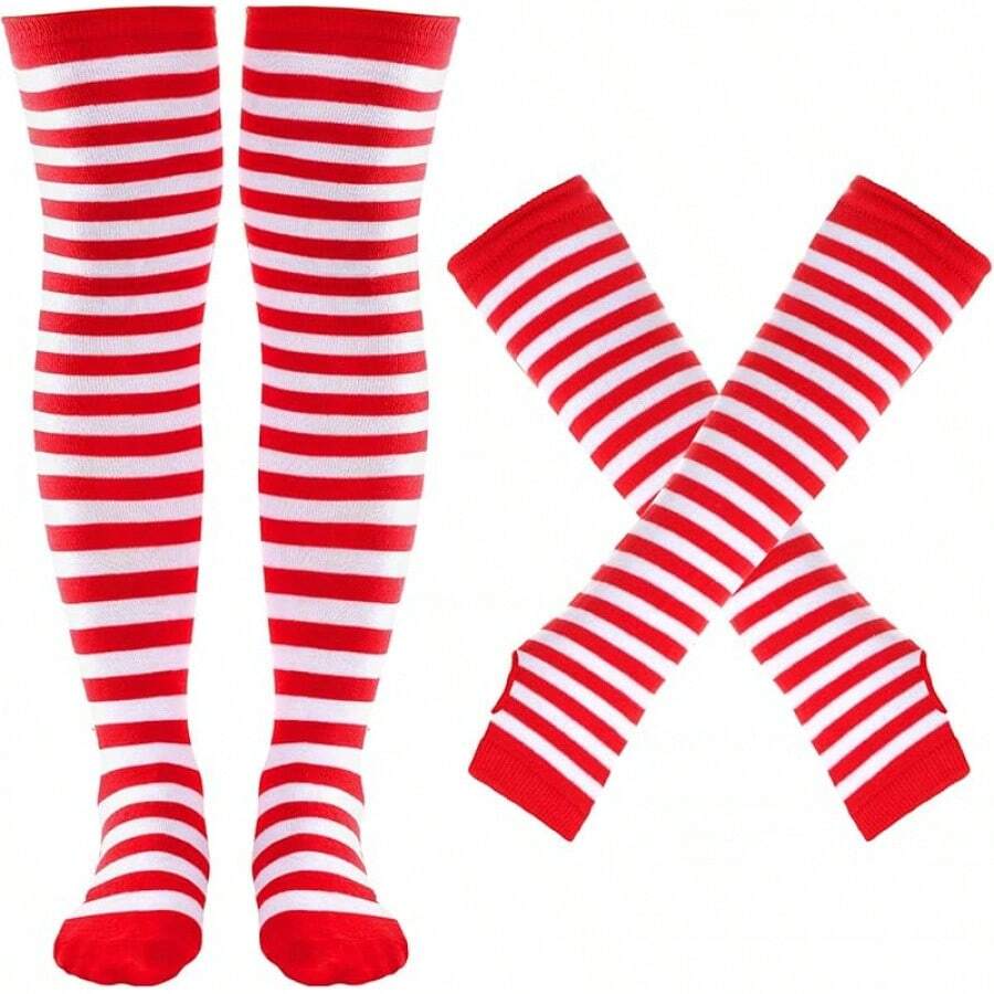 Tongcloud Women's Striped Knee High Socks, Over Knee Thigh High Socks, Arm Warmer And Fingerless Gloves SetHalloween Christmas New Year - 紅白色 - 查看 1