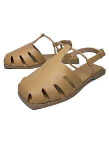 Women's Flat Sandals, Closed Toe, Comfortable, Fashionable, With Buckle Ref. 034/10 - Krem - View 1