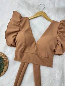 Cropped Blouse With Padding And Tied At The Back, Women's Fashion - Marrón - Ver 3
