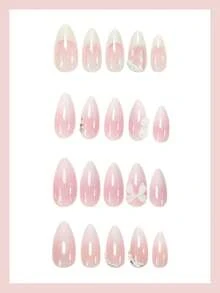 96 Stück mittlere Mandel-Aufklebe-Nägel mit französischer Spitze, Blumen- und Perlendesign, elegant & schick für Frauen und Mädchen, Sommer-Nägel-Kunst für Alltag, Büro, Zuhause, Party, Nagelbedarf - Verschiedenfarbig - Übersicht 2