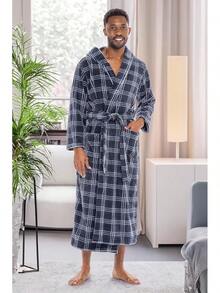 Mens Robe With Hood, Plush Fleece Hooded Mens Bathrobe, Big And Tall Bath Robe For Menhalloween - Blue Gray Plaid - View 11