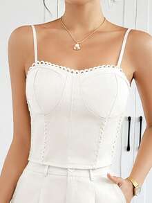 Conjunto 2 piezas elegante unicolor para mujer de tela fresca y detalle tipo bordado de moda - Blanco - Ver 3