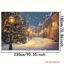 1pc Christmas Winter Snowy Landscape Backdrop With Lamp Post, Holiday Trees And Cozy Cottage, Polyester Fabric, Suitable For Holiday Photography, Baptism, First Communion, Outdoor Party Decor - 1 - View 3