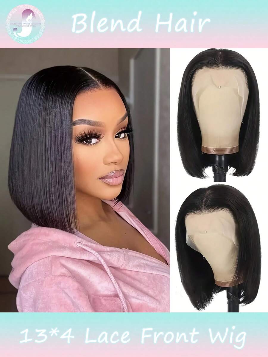 6-16 Inch Bob Wig 13x4 Lace Front Wigs Human Blended Hair Pre Plucked Short Bob Wig Lace Frontal Wigs For Women Human Blended Hair Bob Wig 180% Density Straight Wigs Natural Color(Blended Wigs-A Mix Of Human Blended Hair And Synthetic)