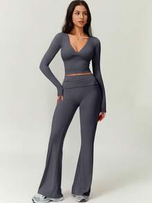 NcmRyu 1 Set Women Comfortable Casual Solid Color Loose Straight Leg Relaxed Fit Workout Running Outdoor Long Sleeve Top And Pants Sports Suit Spring - 灰色 - 查看 3