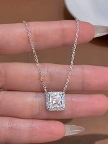 1件优雅几何项链，925纯银镶嵌立方氧化锆极简项链，送给女朋友的精致周年纪念礼物 - 方形 - 查看 5