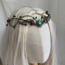 Crown For Women Forest Green Elf Headpiece V Shape Gemstone Headband Fake Leaf Forest Headpiece For Medieval Renaissance Costume Cosplay Photo Shoot - Green - View 2