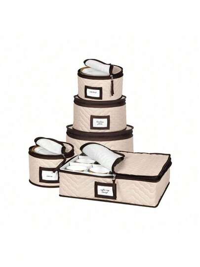 5-Piece Quilted Dinnerware Storage Set With Dividers, Sturdy Microfiber Moving Boxes For Plates, Glasses, Mugs & Saucers, Holds 12 Each